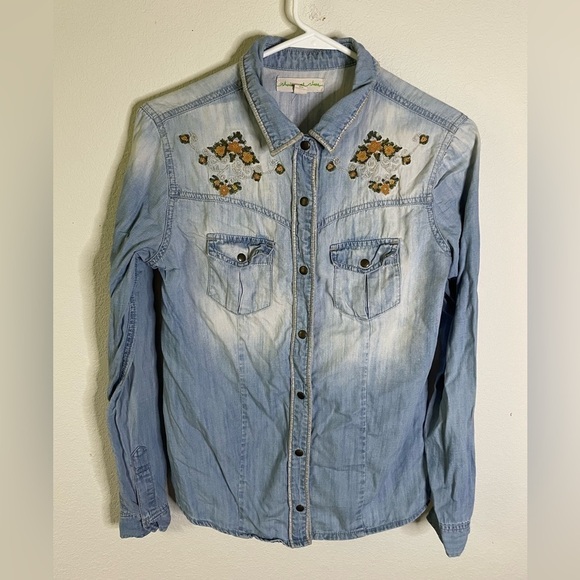 Starring at Stars Tops - Starring at Stars denim distressed embroidered shirt